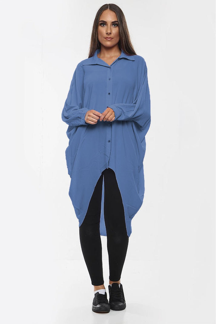Ladies Oversized High-Low Shirt Dress - Long Sleeve Button Front