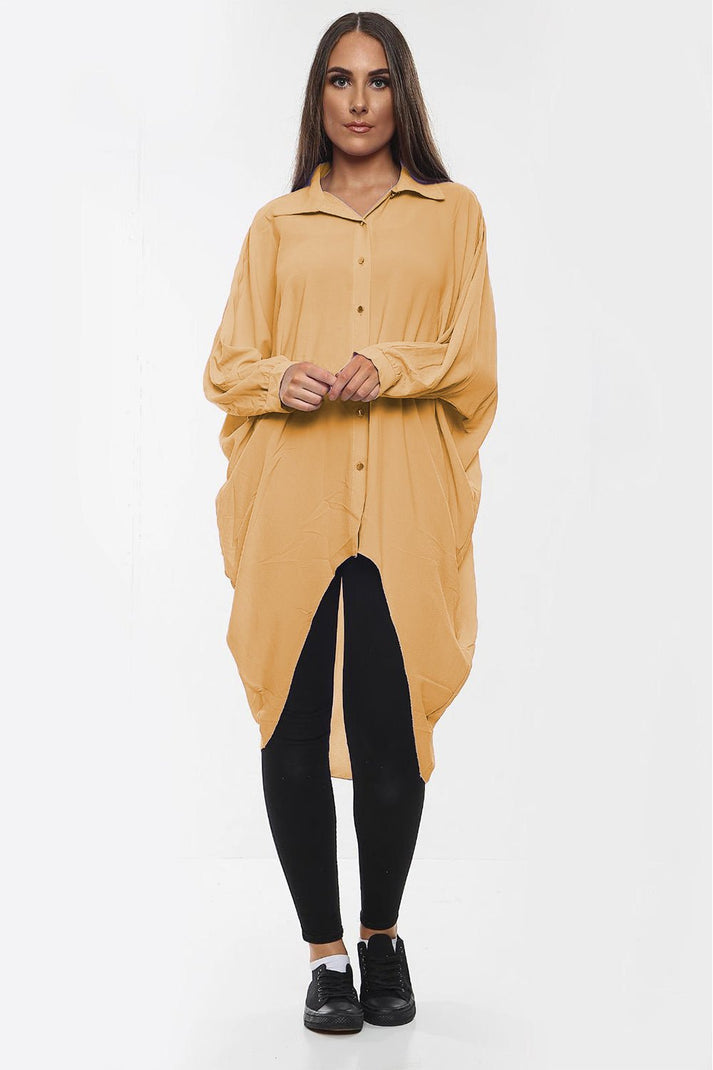 Ladies Oversized High-Low Shirt Dress - Long Sleeve Button Front