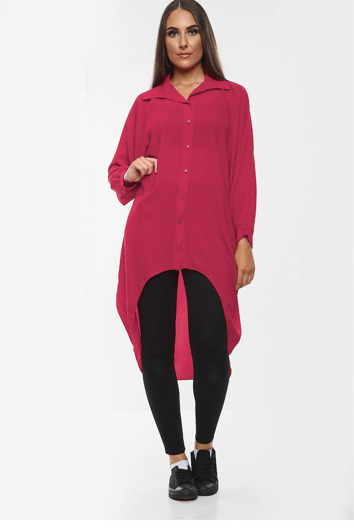 Ladies Oversized High-Low Shirt Dress - Long Sleeve Button Front