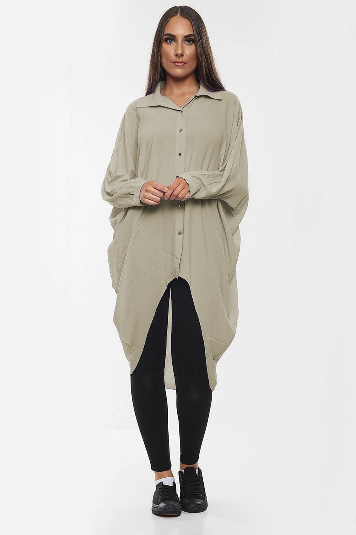 Ladies Oversized High-Low Shirt Dress - Long Sleeve Button Front