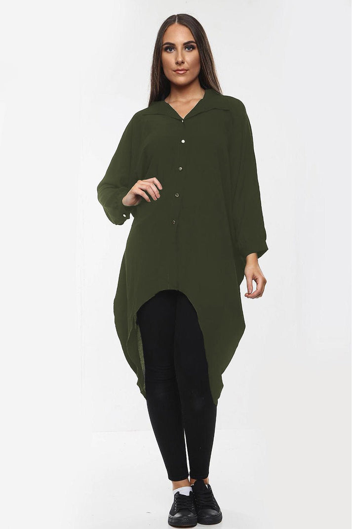 Ladies Oversized High-Low Shirt Dress - Long Sleeve Button Front