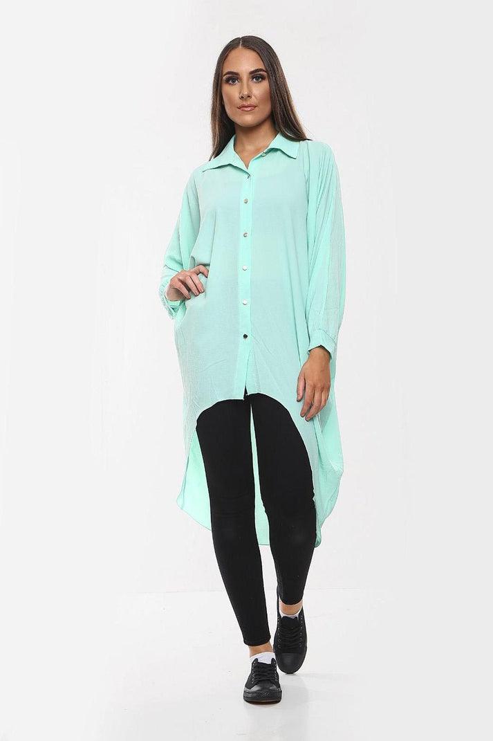 Ladies Oversized High-Low Shirt Dress - Long Sleeve Button Front