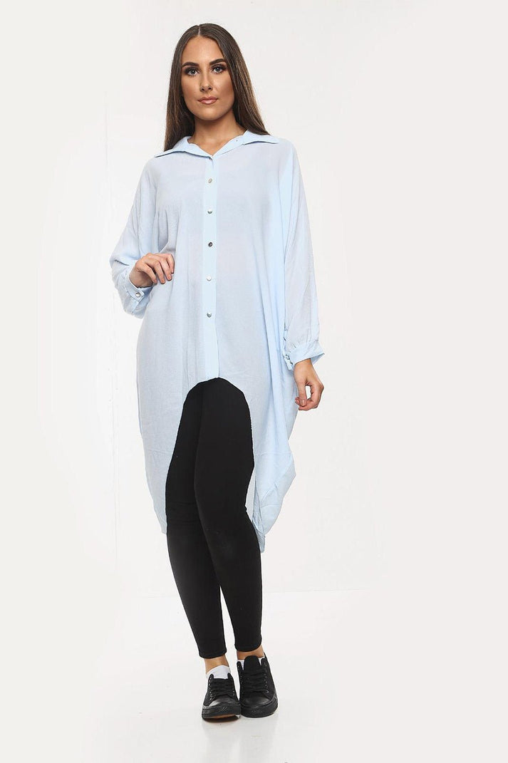 Ladies Oversized High-Low Shirt Dress - Long Sleeve Button Front
