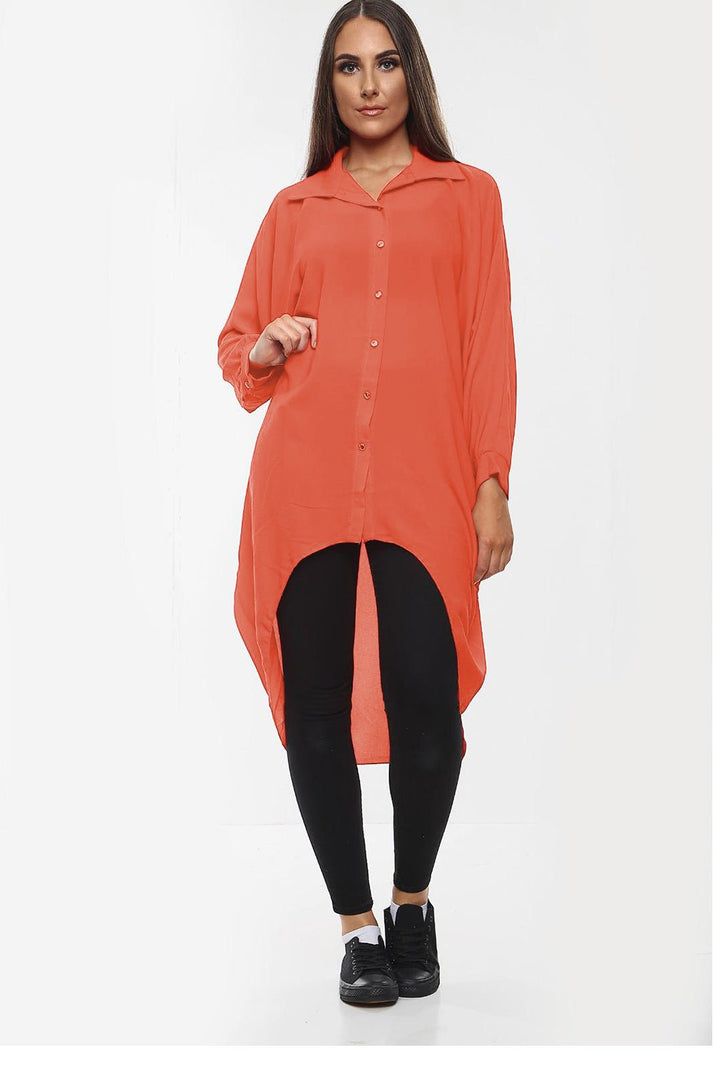 Ladies Oversized High-Low Shirt Dress - Long Sleeve Button Front