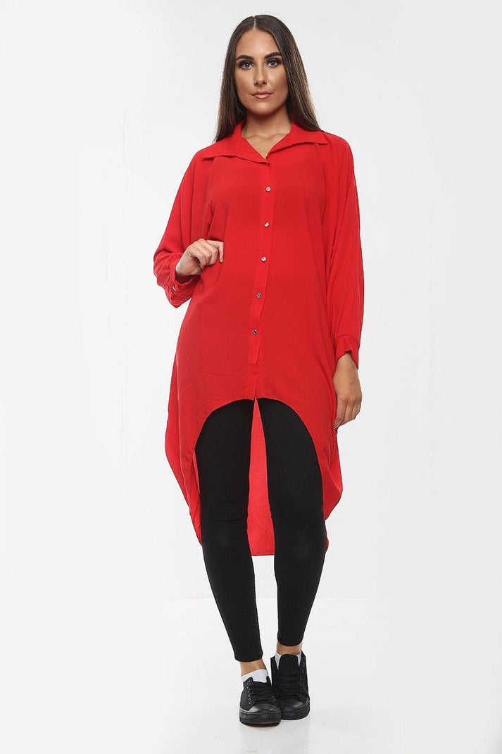 Ladies Oversized High-Low Shirt Dress - Long Sleeve Button Front