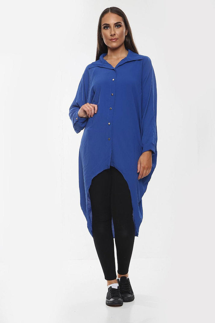 Ladies Oversized High-Low Shirt Dress - Long Sleeve Button Front