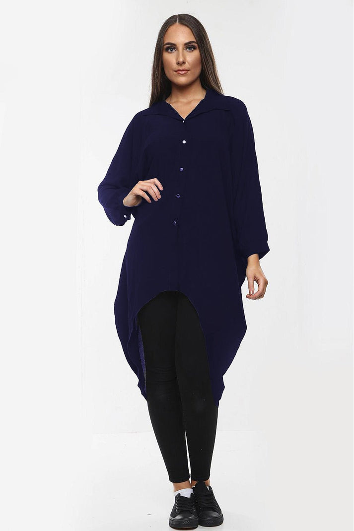 Ladies Oversized High-Low Shirt Dress - Long Sleeve Button Front