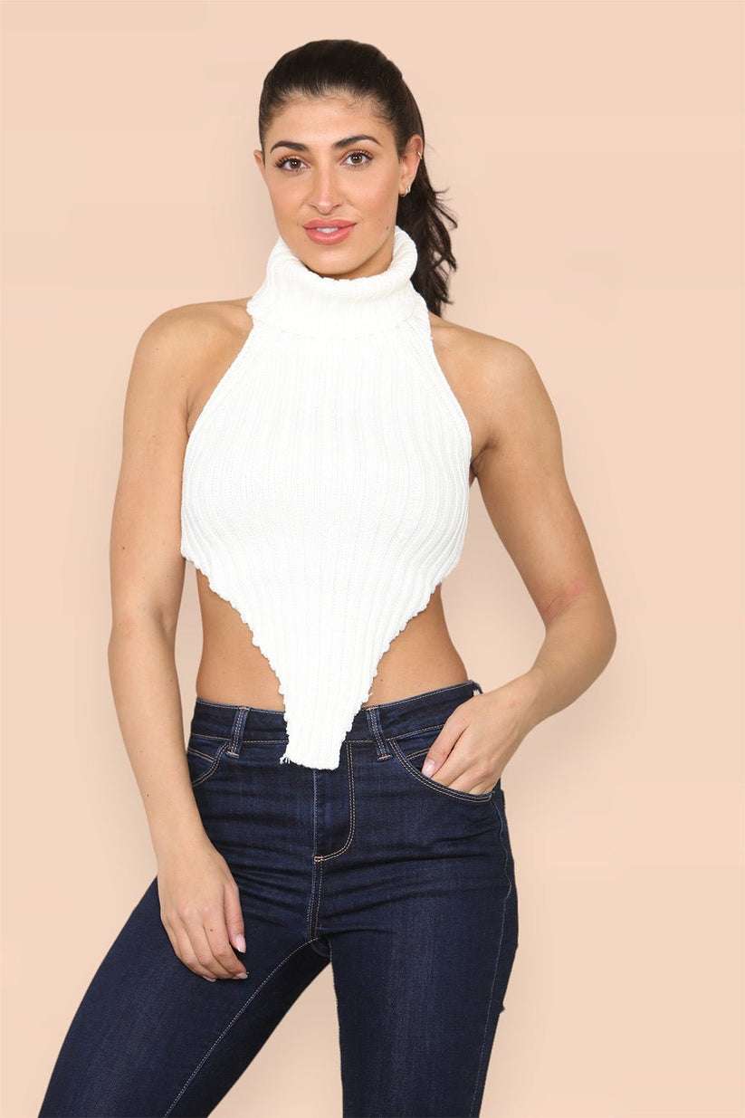 Ladies High Neck Backless Cropped Top - Knitted Roll Neck Design
