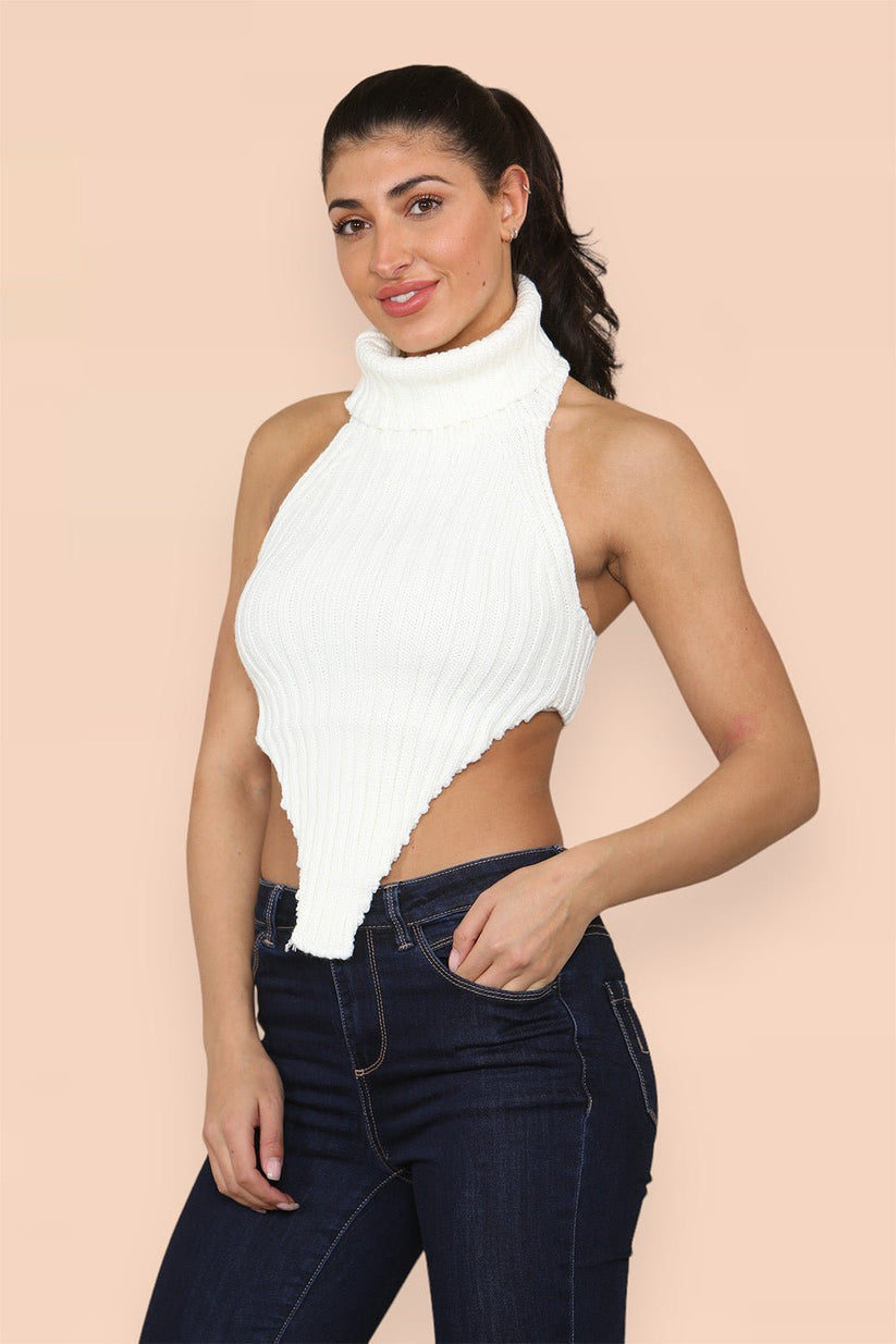 Ladies High Neck Backless Cropped Top - Knitted Roll Neck Design