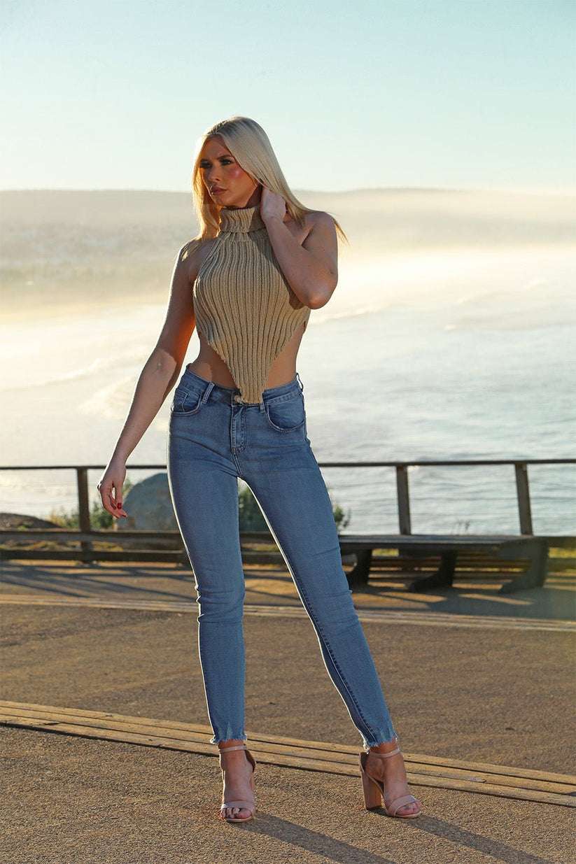 Ladies High Neck Backless Cropped Top - Knitted Roll Neck Design