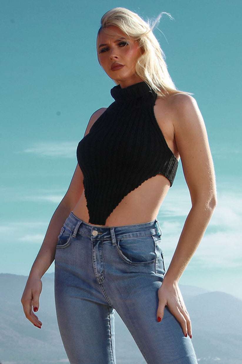Ladies High Neck Backless Cropped Top - Knitted Roll Neck Design