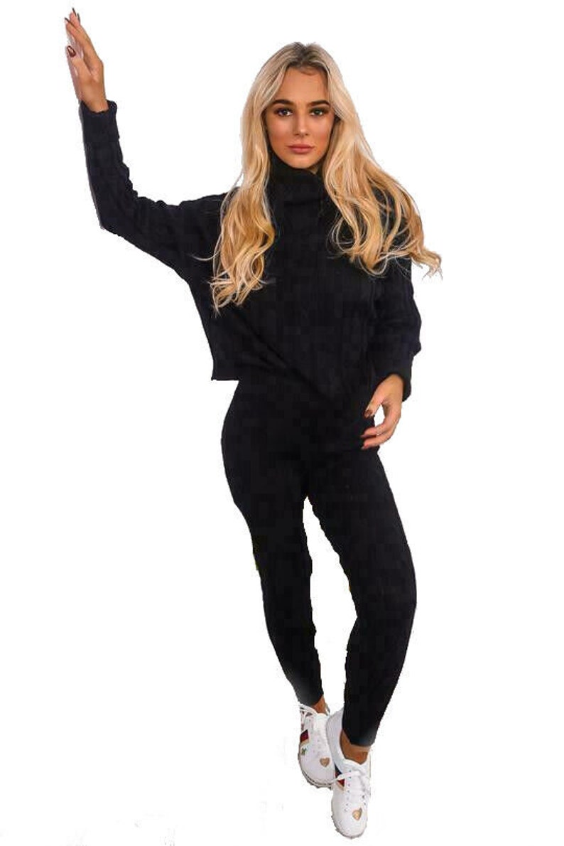 Ladies Chunky Knit Polo Neck Top & Ribbed Leggings Set - Loungewear Two Piece