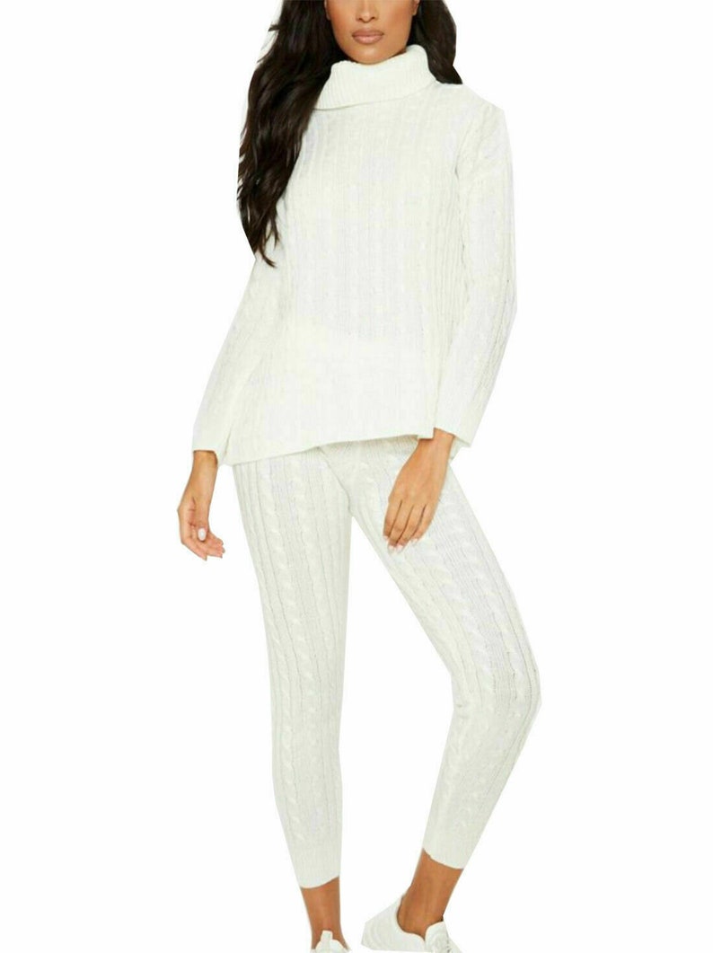Ladies Chunky Knit Polo Neck Top & Ribbed Leggings Set - Loungewear Two Piece
