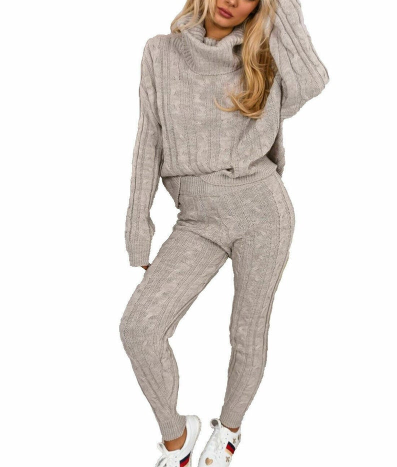 Ladies Chunky Knit Polo Neck Top & Ribbed Leggings Set - Loungewear Two Piece
