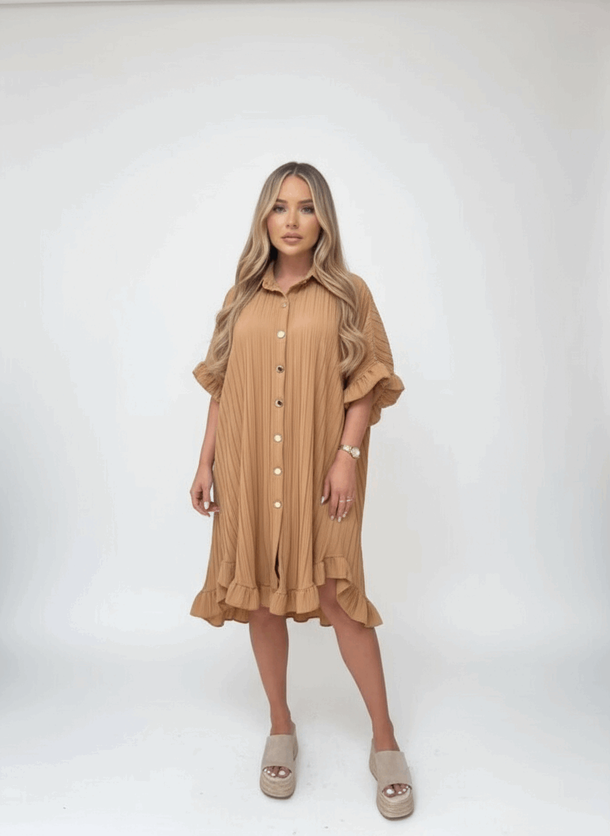 Elegant Gold Button Pleated Midi Dress - Crinkle Texture