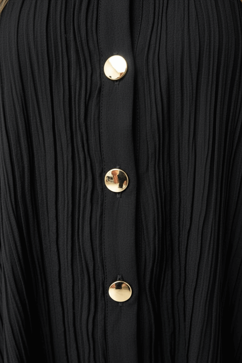 Elegant Gold Button Pleated Midi Dress - Crinkle Texture