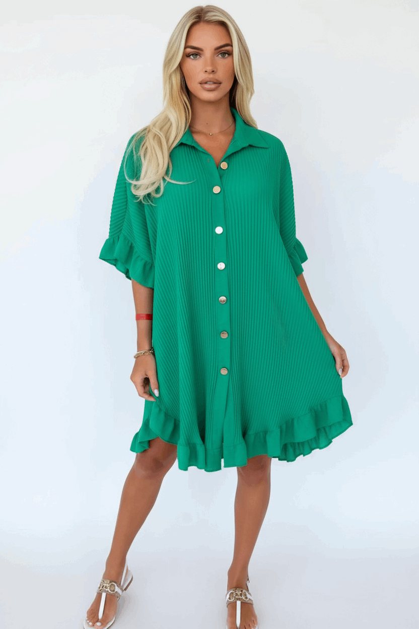 Elegant Gold Button Pleated Midi Dress - Crinkle Texture