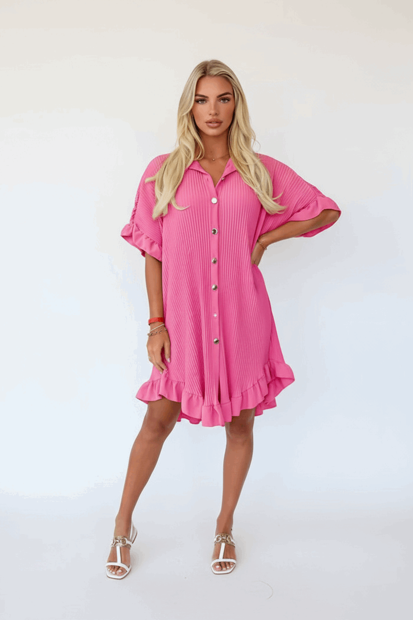 Elegant Gold Button Pleated Midi Dress - Crinkle Texture