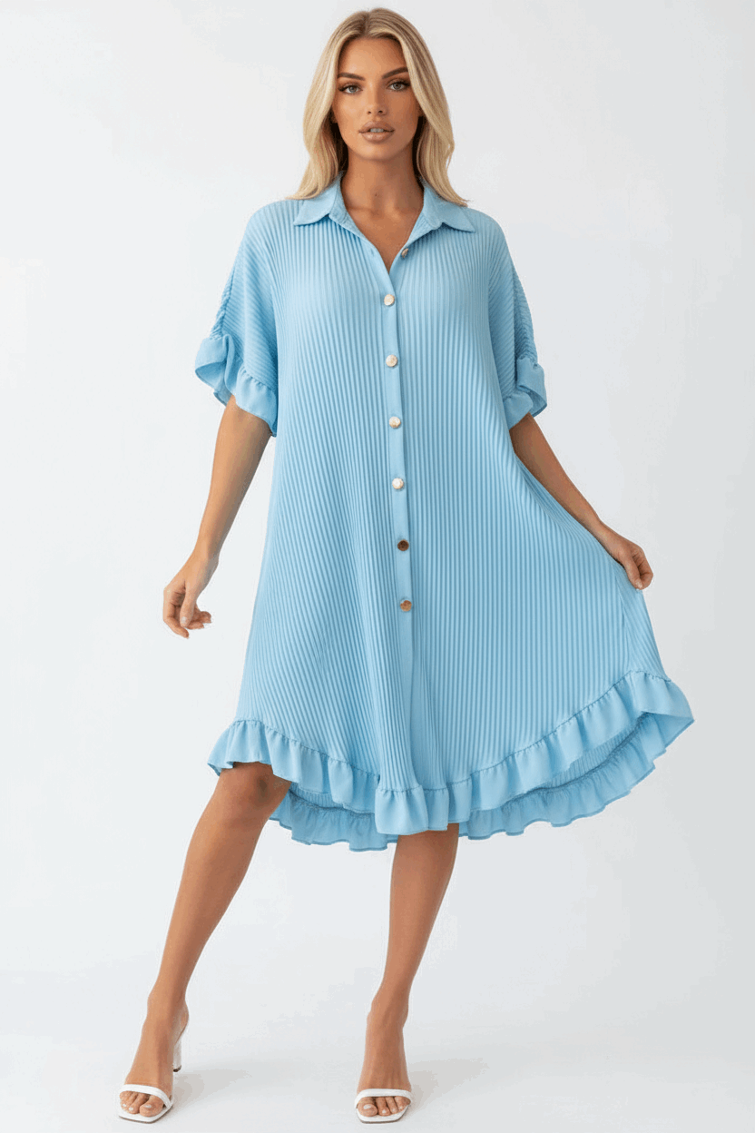 Elegant Gold Button Pleated Midi Dress - Crinkle Texture