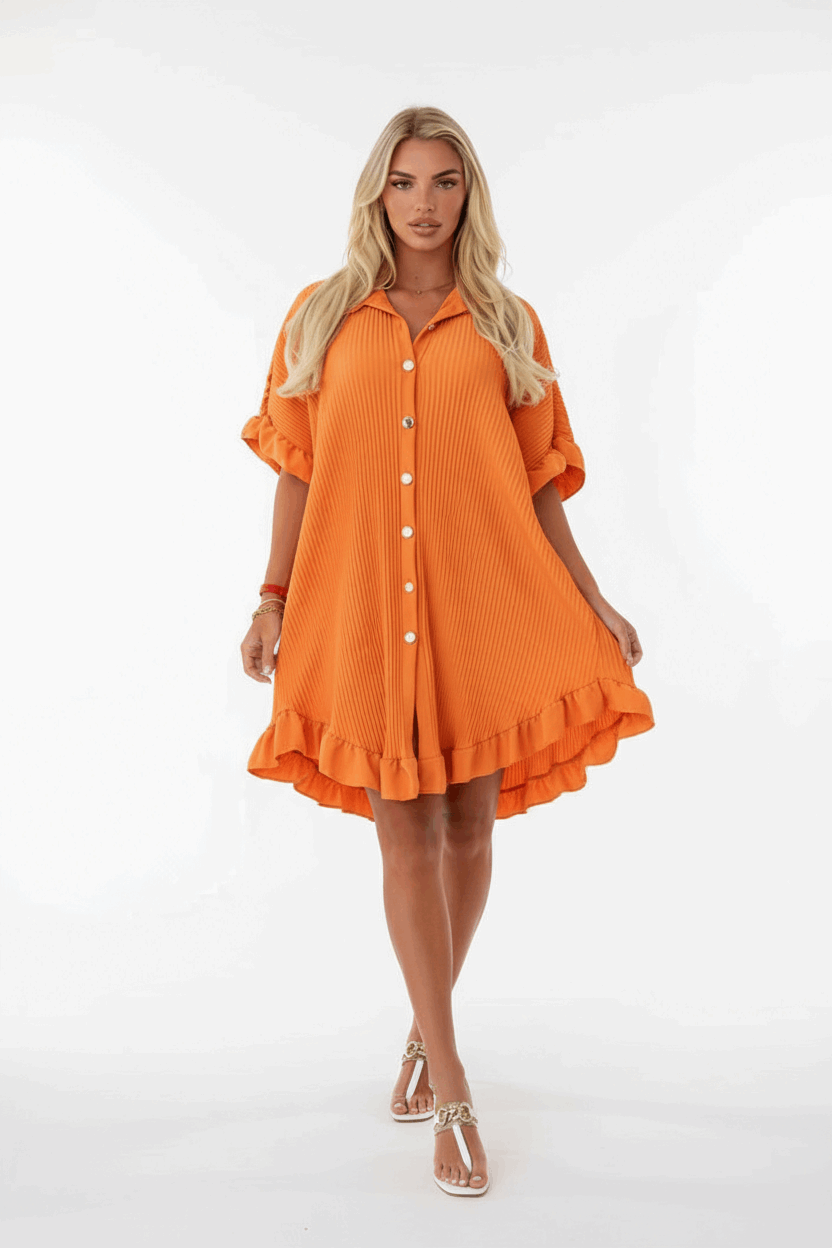 Elegant Gold Button Pleated Midi Dress - Crinkle Texture