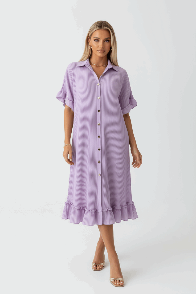 Elegant Gold Button Pleated Midi Dress - Crinkle Texture