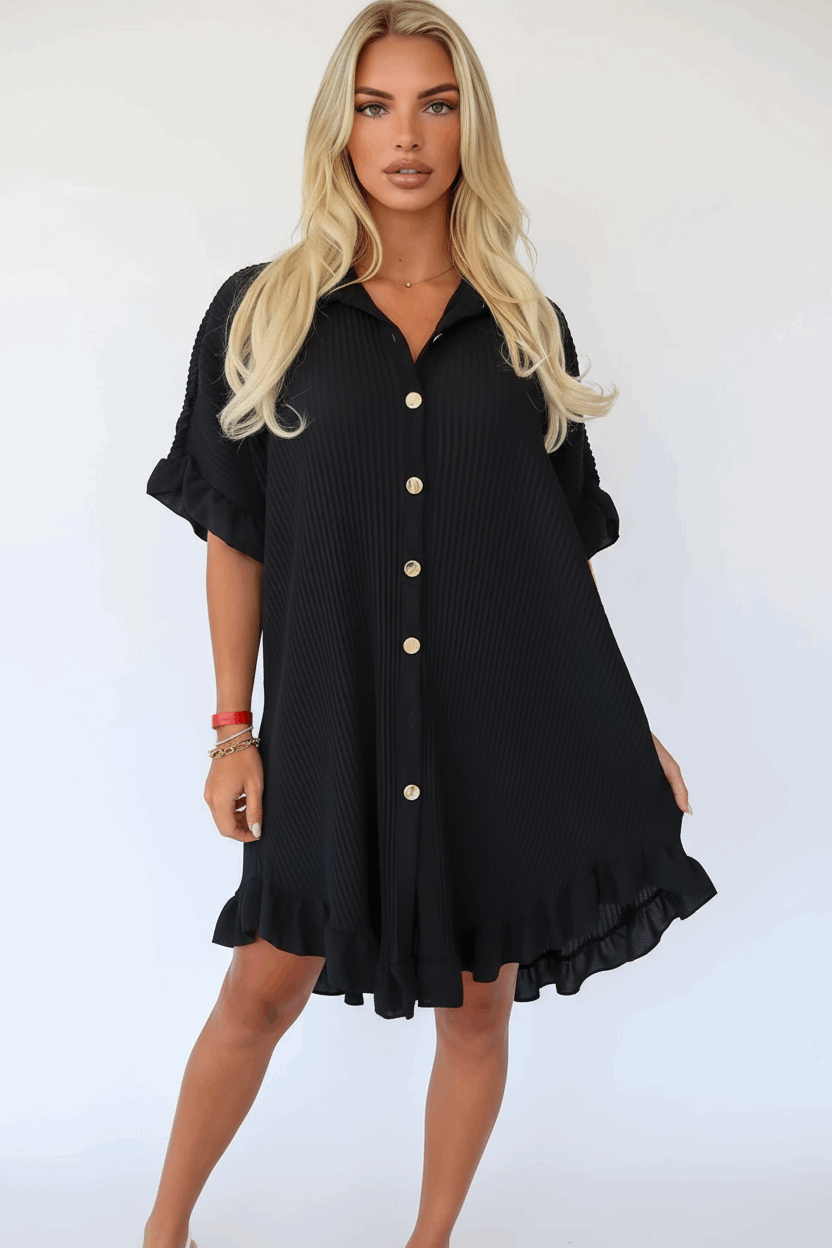 Elegant Gold Button Pleated Midi Dress - Crinkle Texture