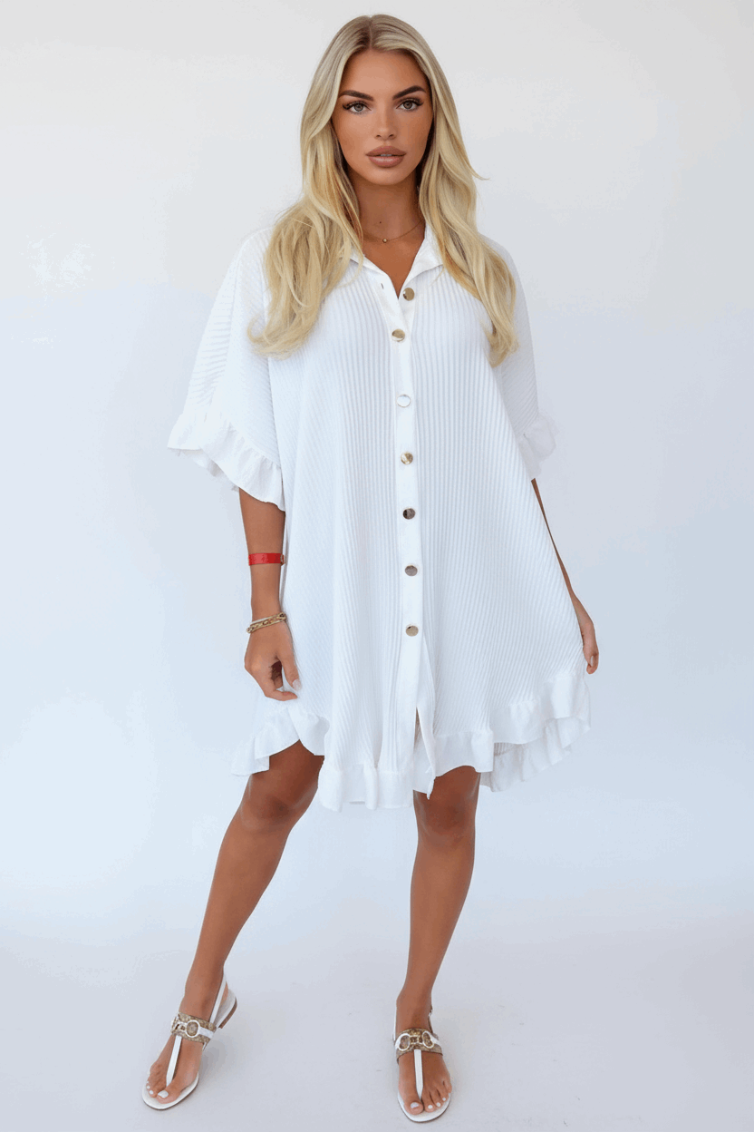 Elegant Gold Button Pleated Midi Dress - Crinkle Texture