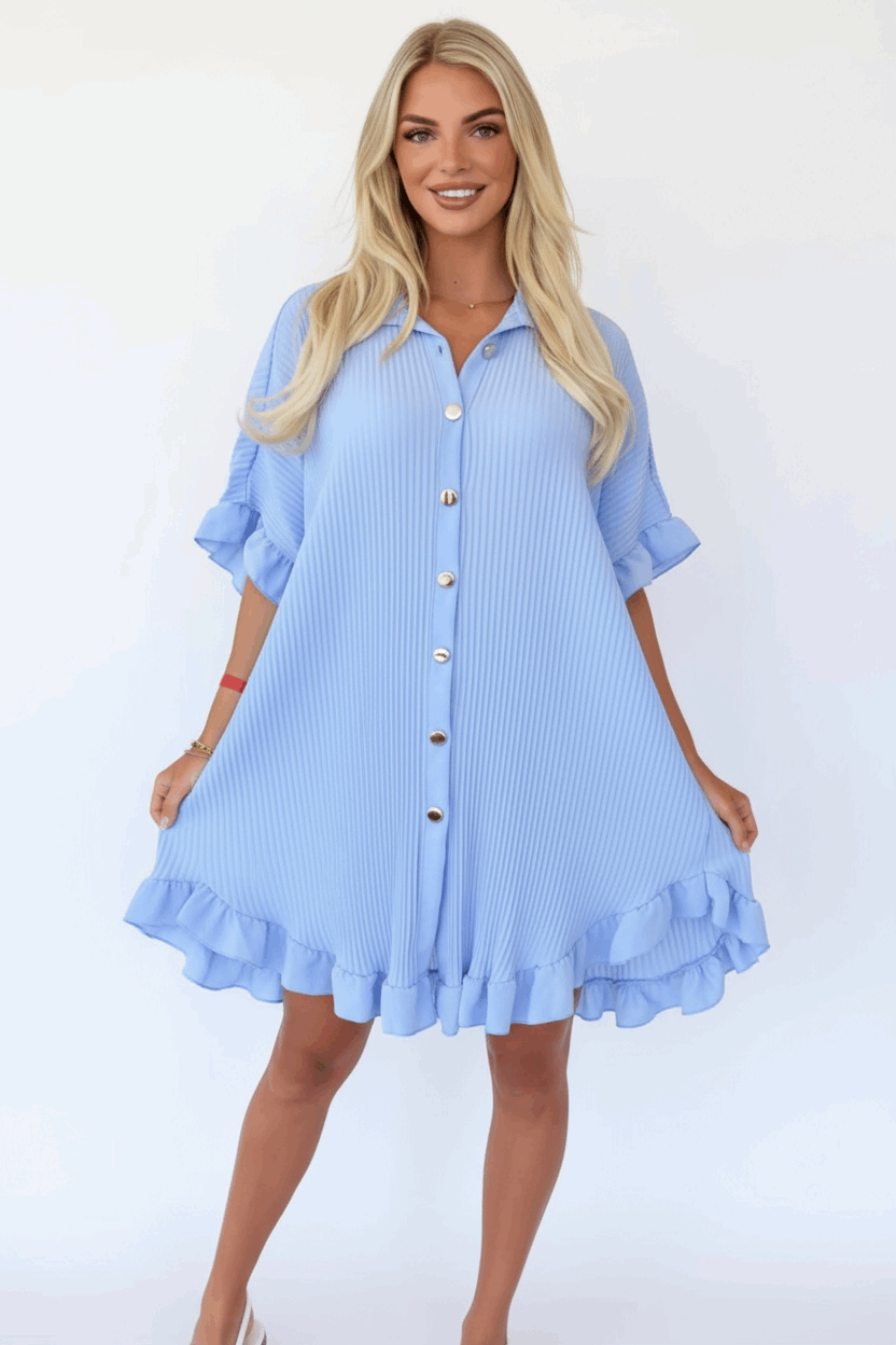 Elegant Gold Button Pleated Midi Dress - Crinkle Texture