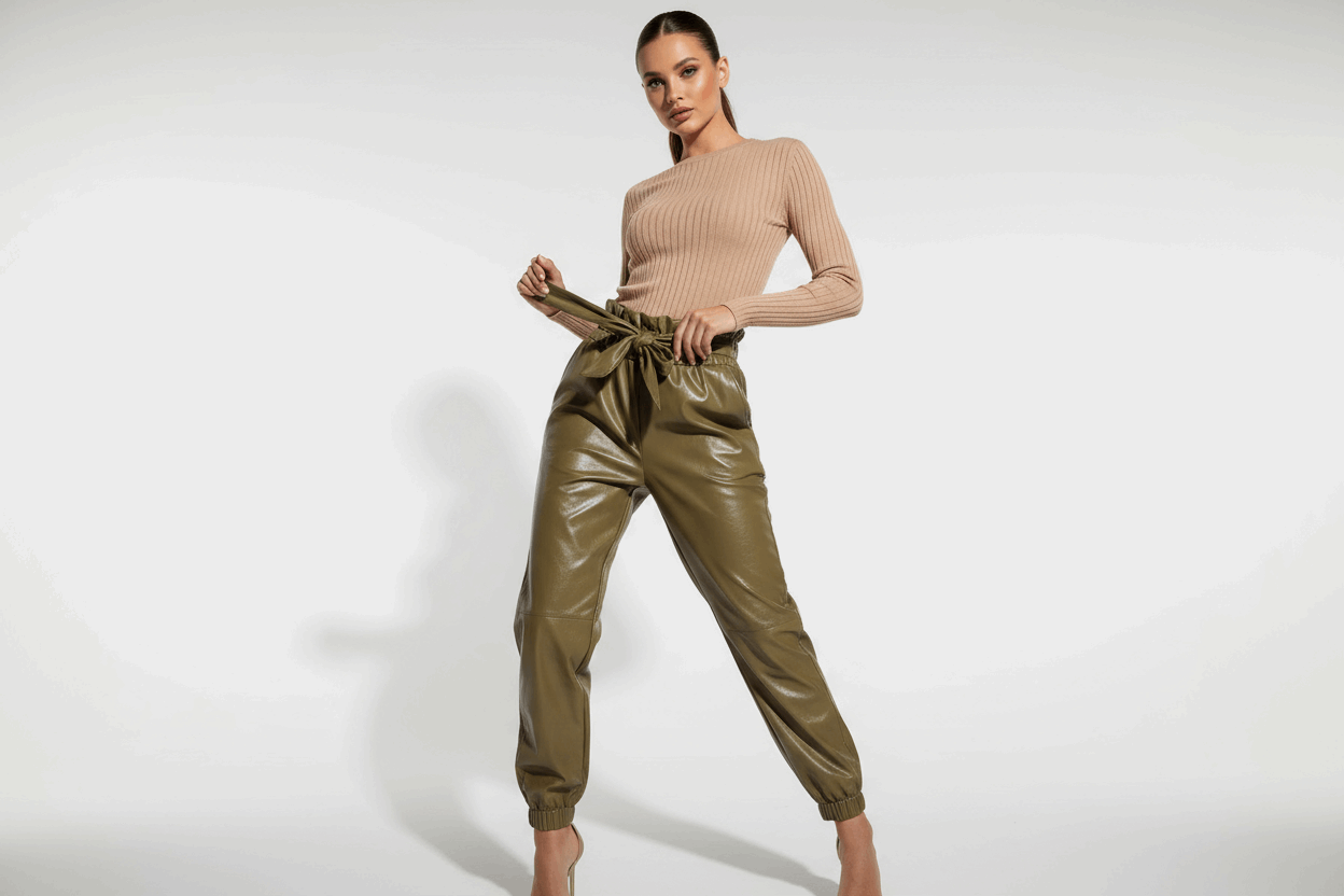 Khaki Wet Look Joggers