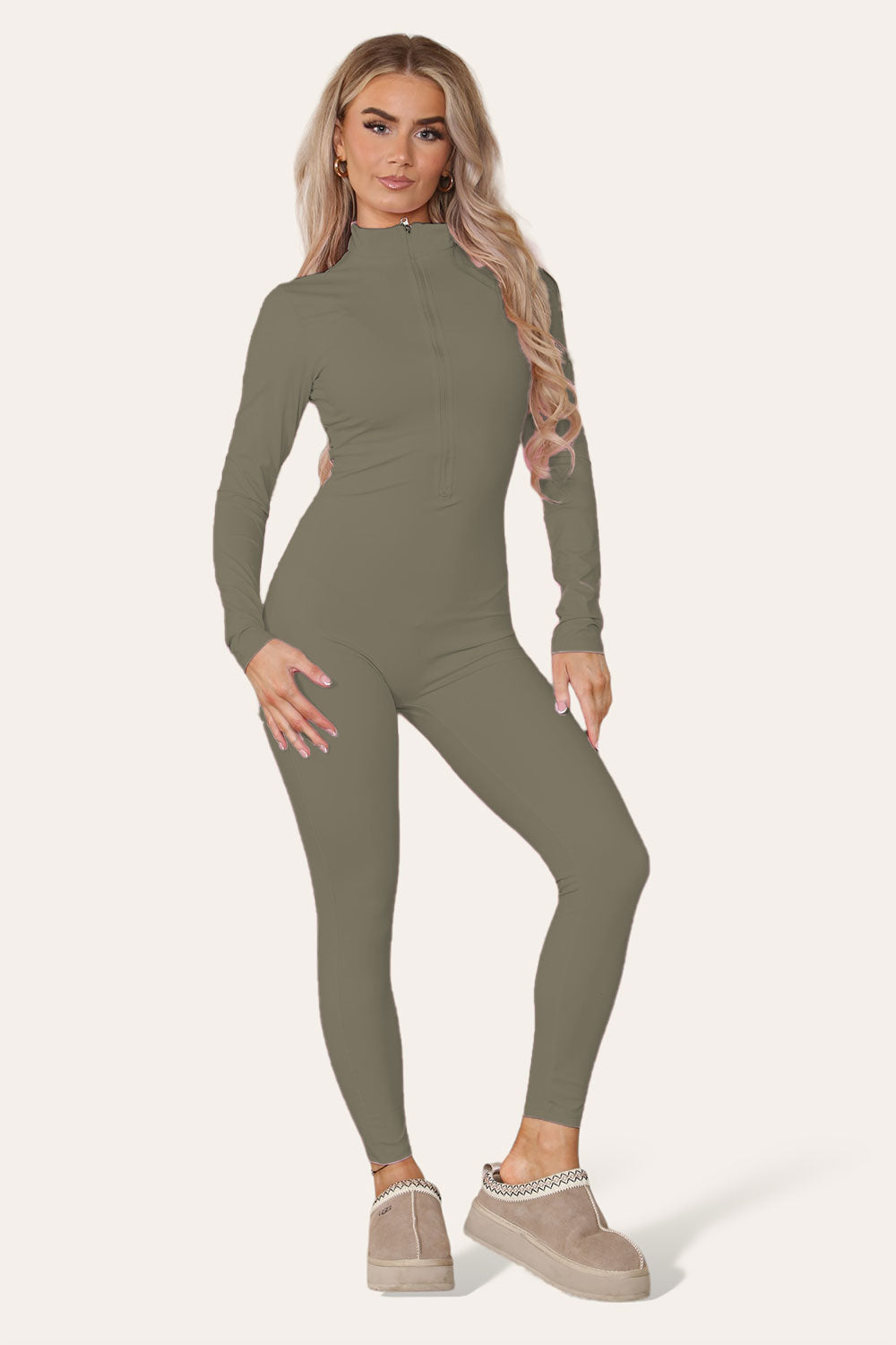 Ladies Ribbed High Neck Jumpsuit - Zipper Collar Unitard Set
