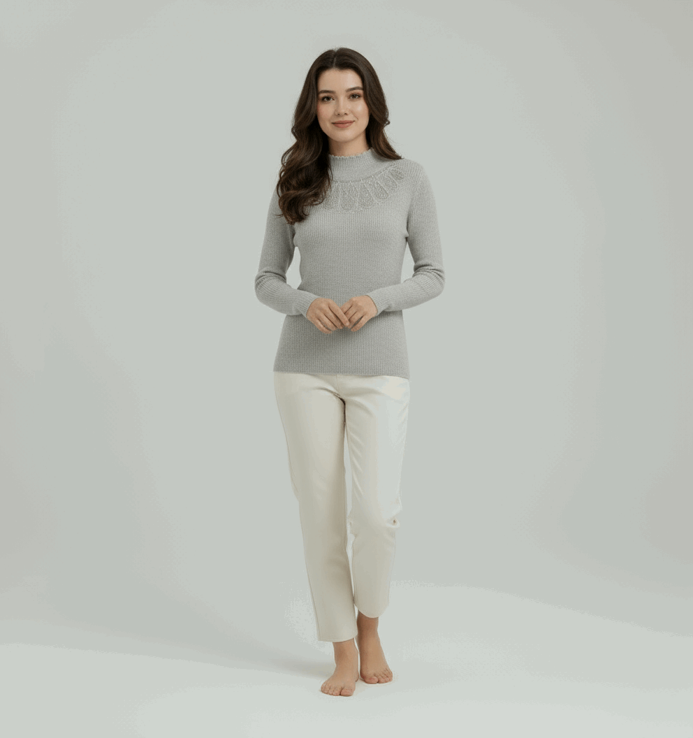Light grey sweater on model