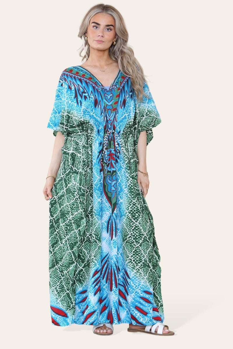 Ladies Long Caftan - Green Geometric Print with Cinched Waist