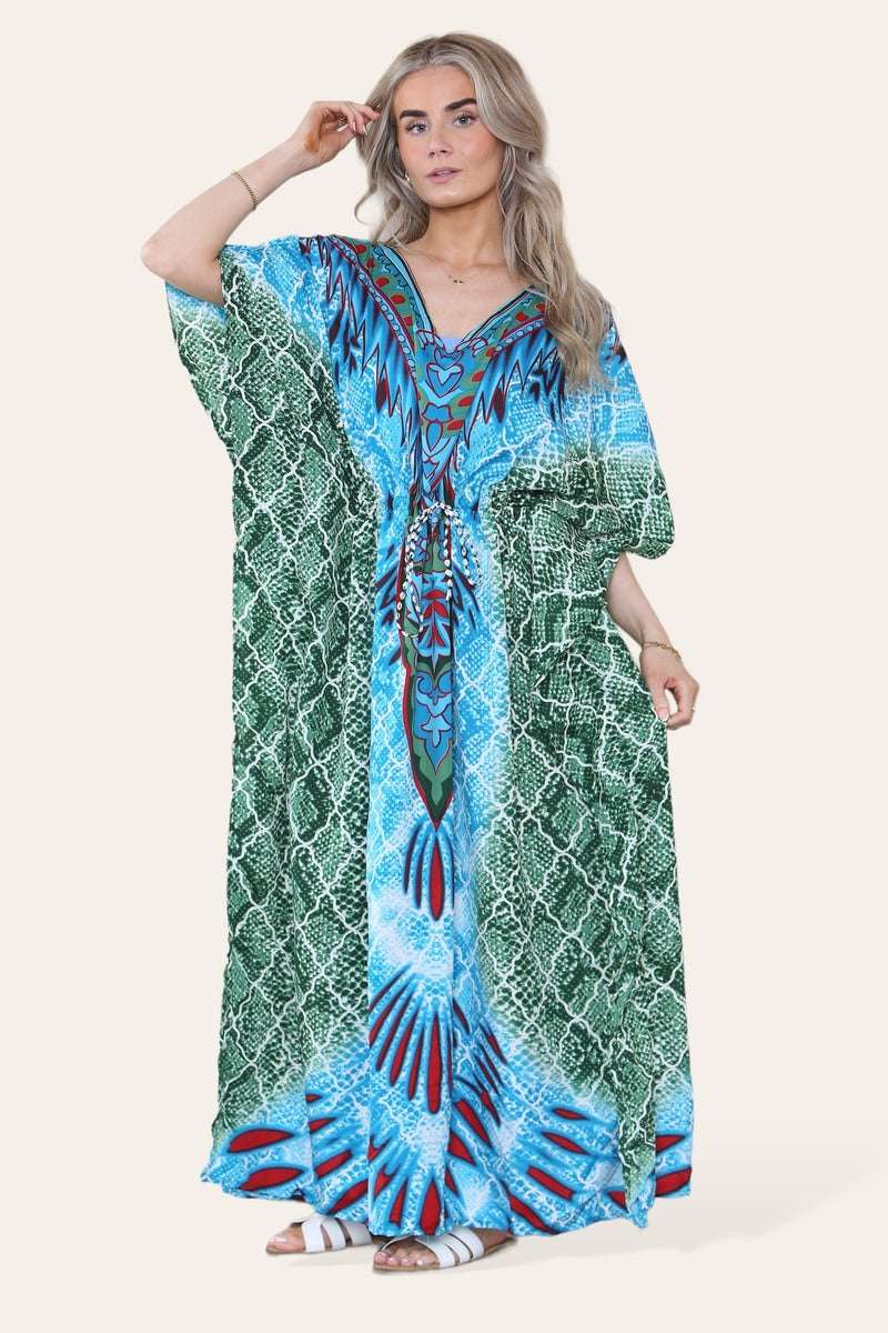 Ladies Long Caftan - Green Geometric Print with Cinched Waist