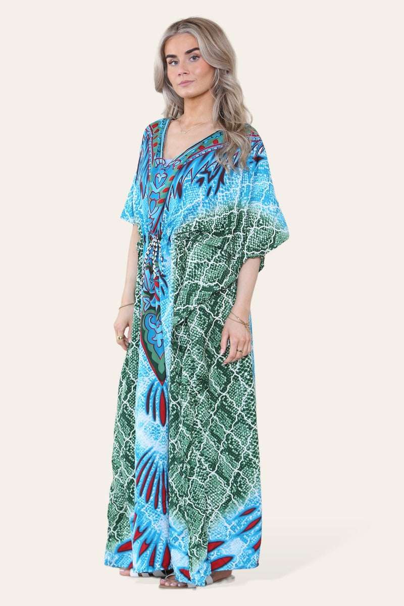 Ladies Long Caftan - Green Geometric Print with Cinched Waist
