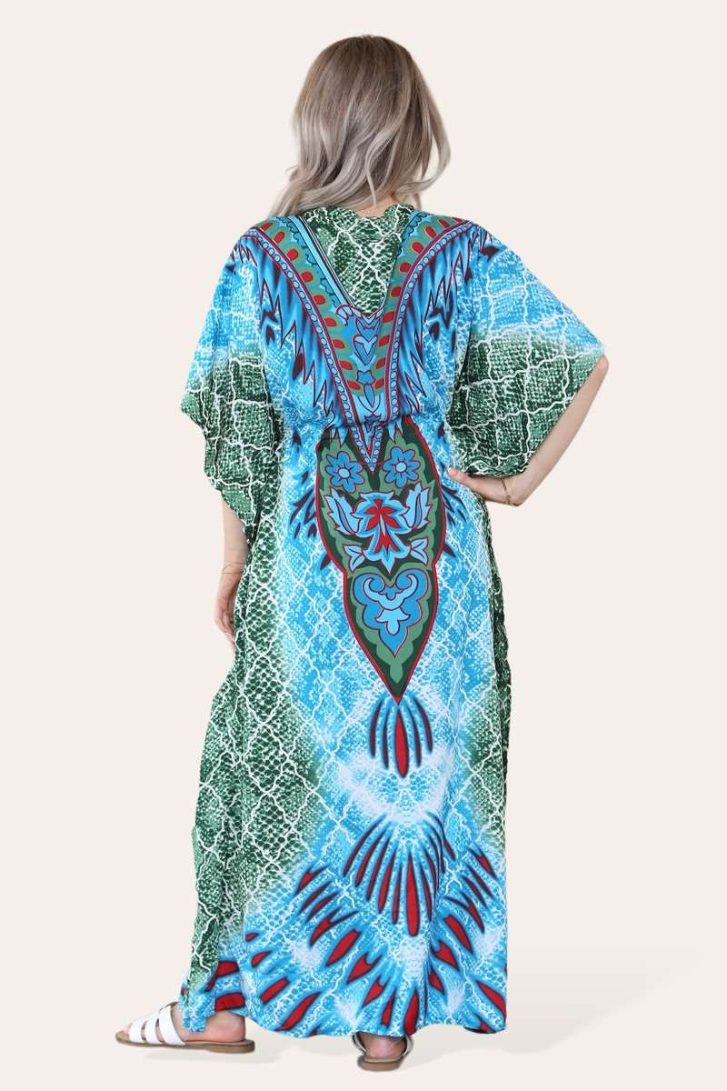 Ladies Long Caftan - Green Geometric Print with Cinched Waist
