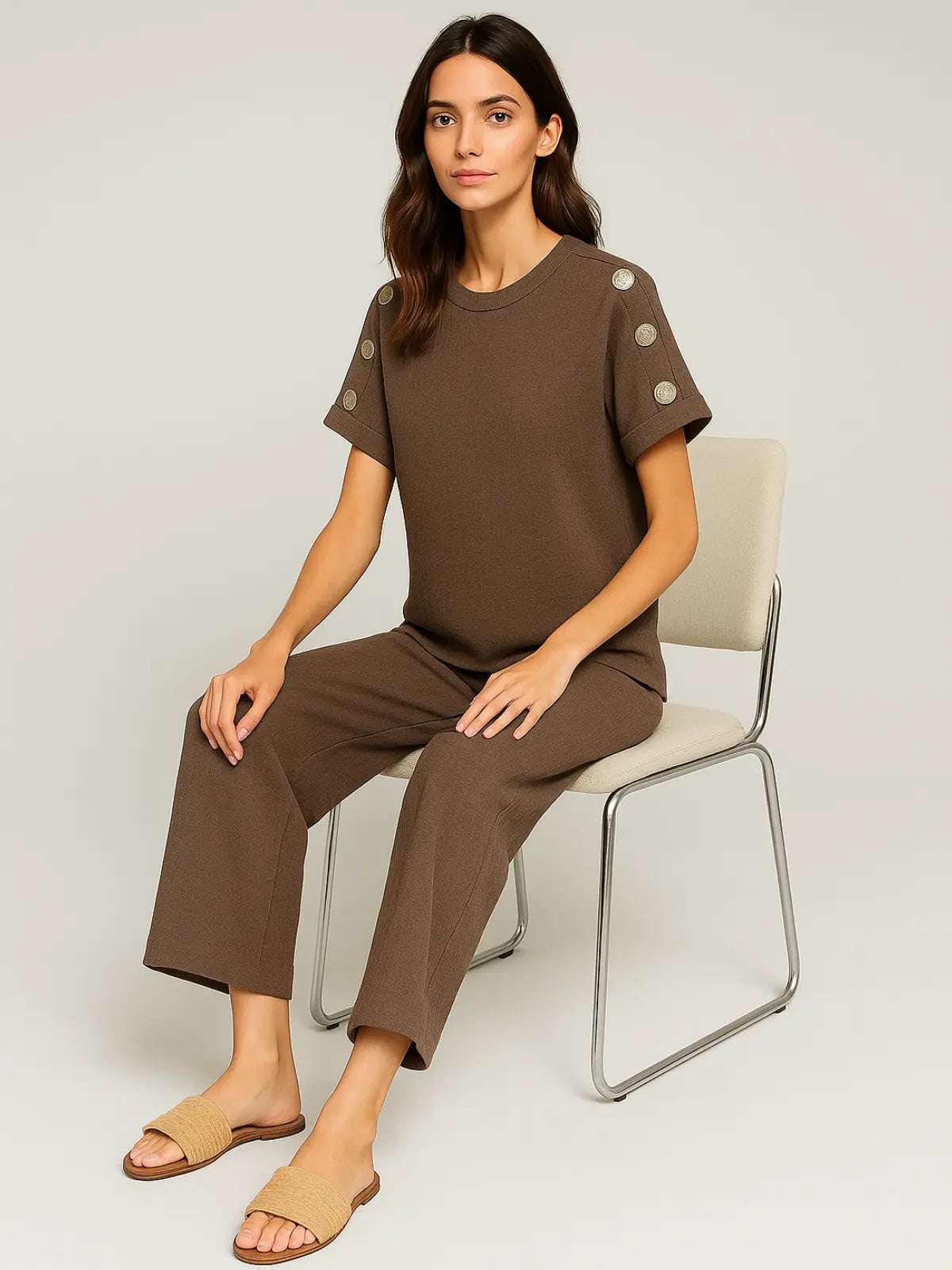 Ladies 8-Button on Shoulder Trousers Set - Two-Piece Co-Ord