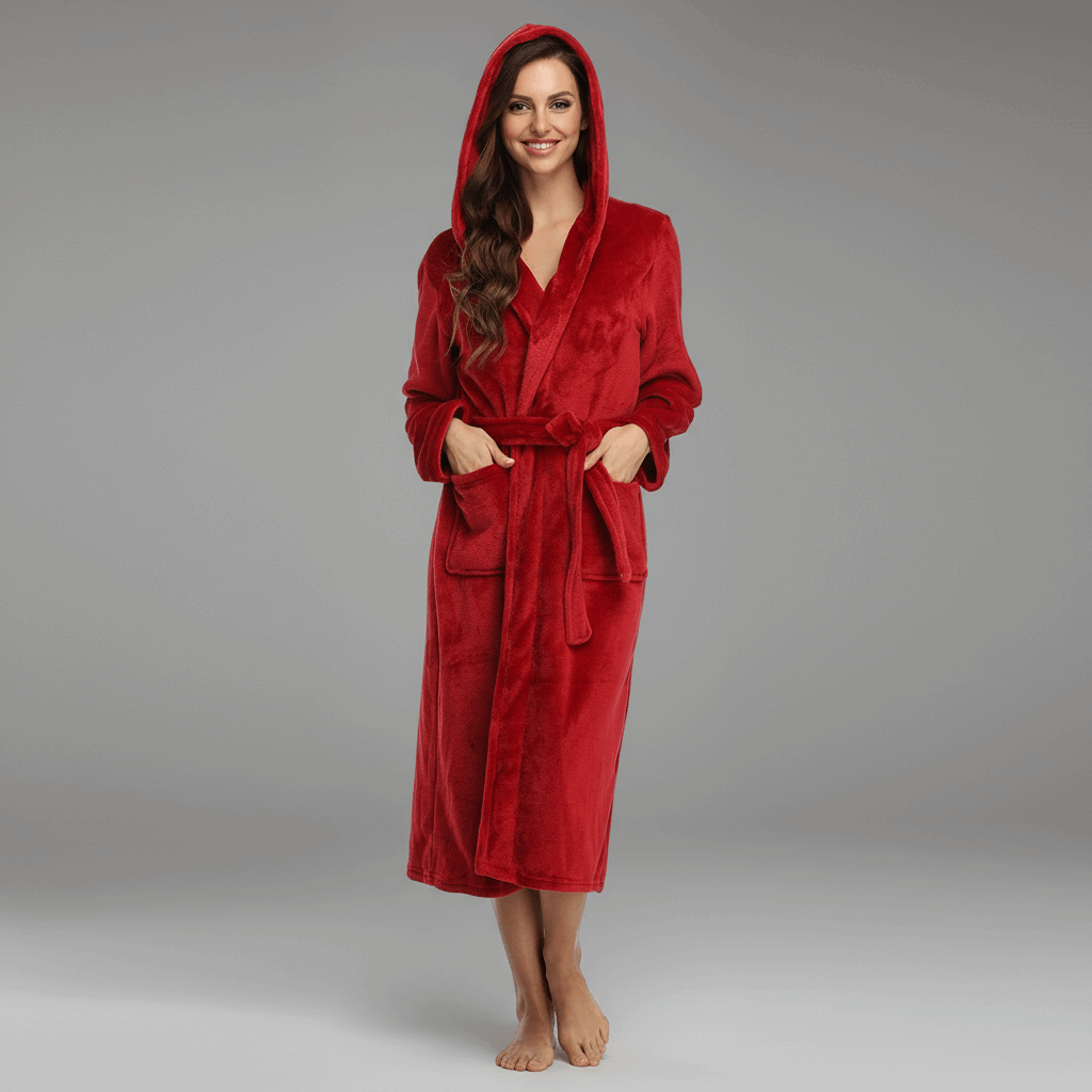 Professional studio shot of burgundy hooded bathrobe