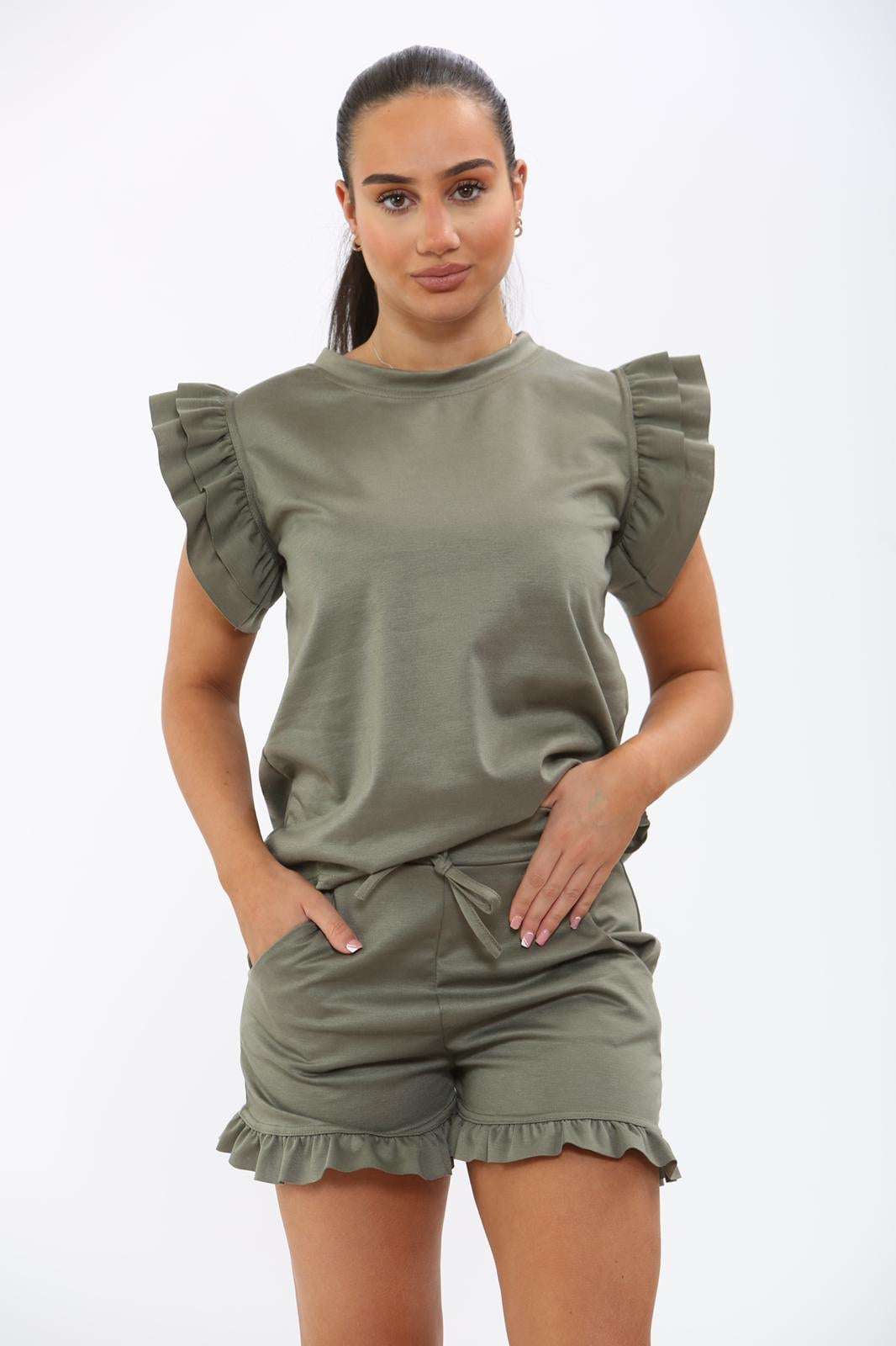 Ladies Frill Peplum Sleeve Top & Short 2-Piece Tracksuit Set