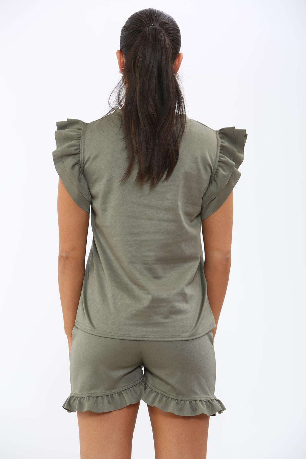 Ladies Frill Peplum Sleeve Top & Short 2-Piece Tracksuit Set