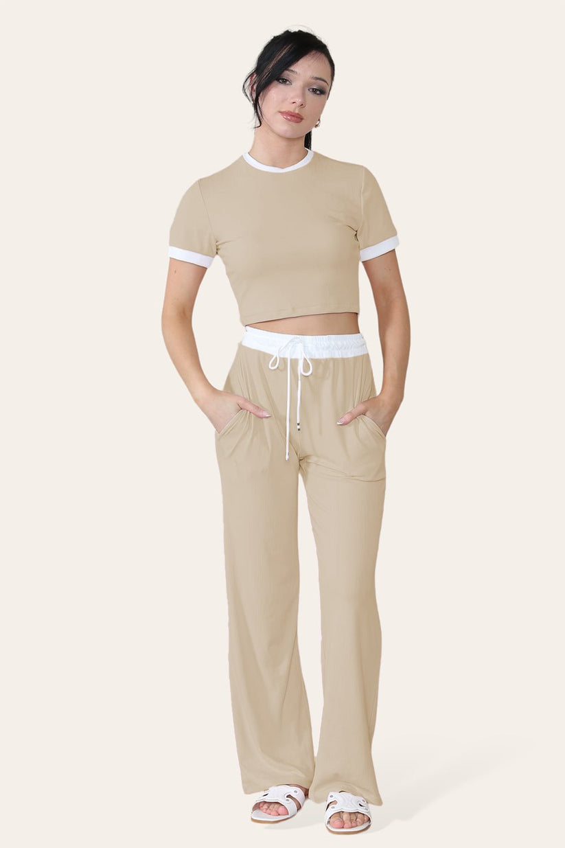 Ladies Ribbed Wide Leg Flared Trousers & Cropped Top Set - Contrast Loungewear