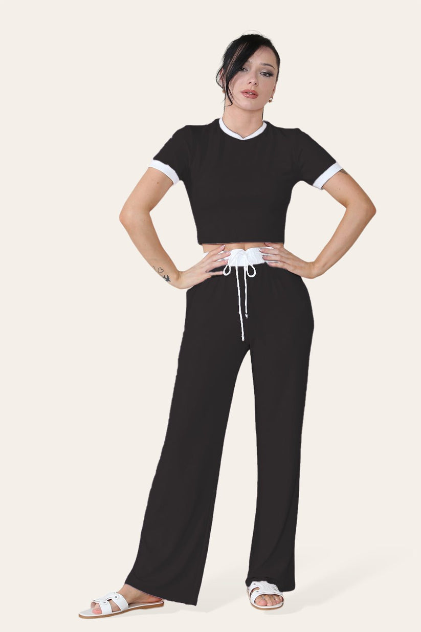 Ladies Ribbed Wide Leg Flared Trousers & Cropped Top Set - Contrast Loungewear