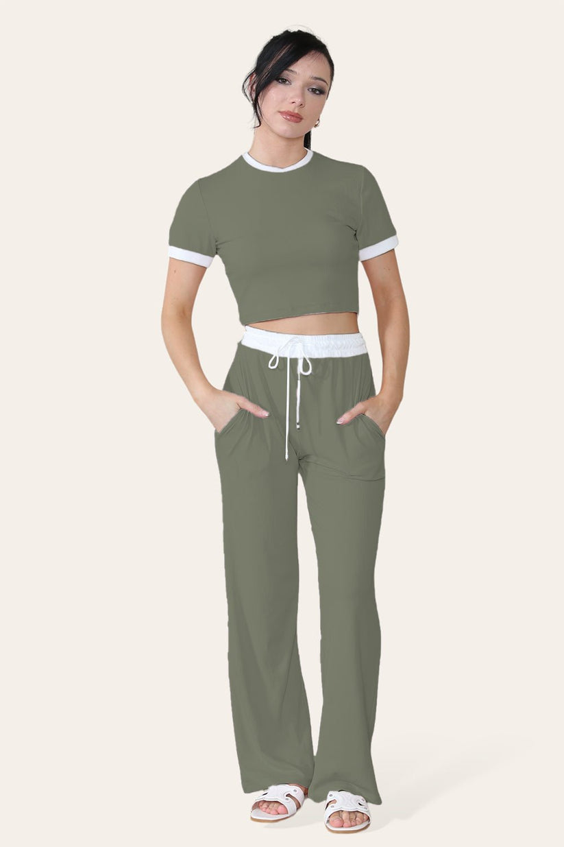 Ladies Ribbed Wide Leg Flared Trousers & Cropped Top Set - Contrast Loungewear