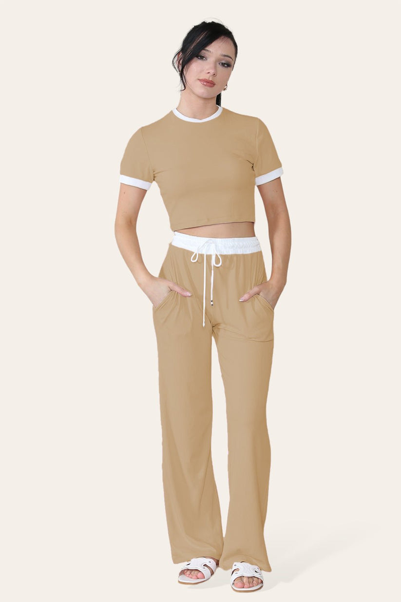Ladies Ribbed Wide Leg Flared Trousers & Cropped Top Set - Contrast Loungewear