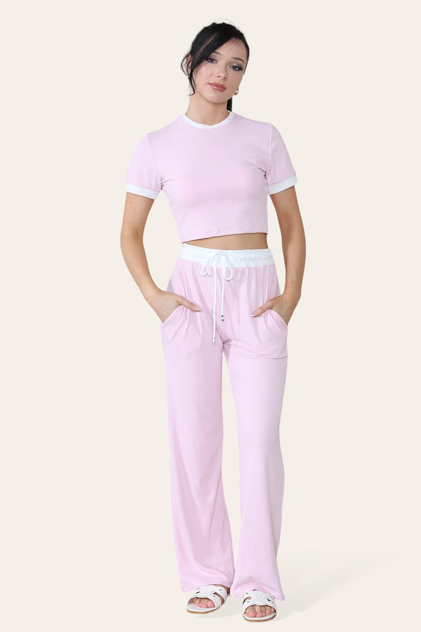 Ladies Ribbed Wide Leg Flared Trousers & Cropped Top Set - Contrast Loungewear