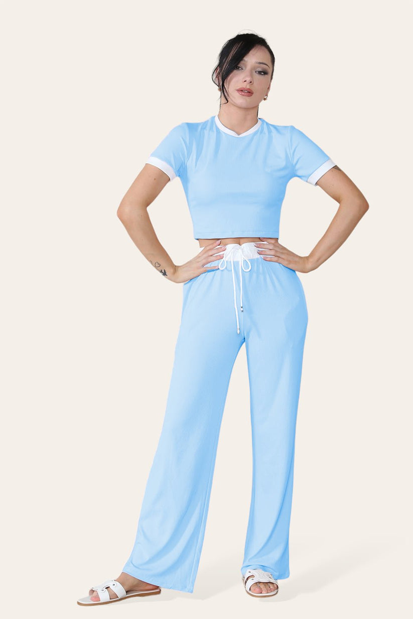 Ladies Ribbed Wide Leg Flared Trousers & Cropped Top Set - Contrast Loungewear