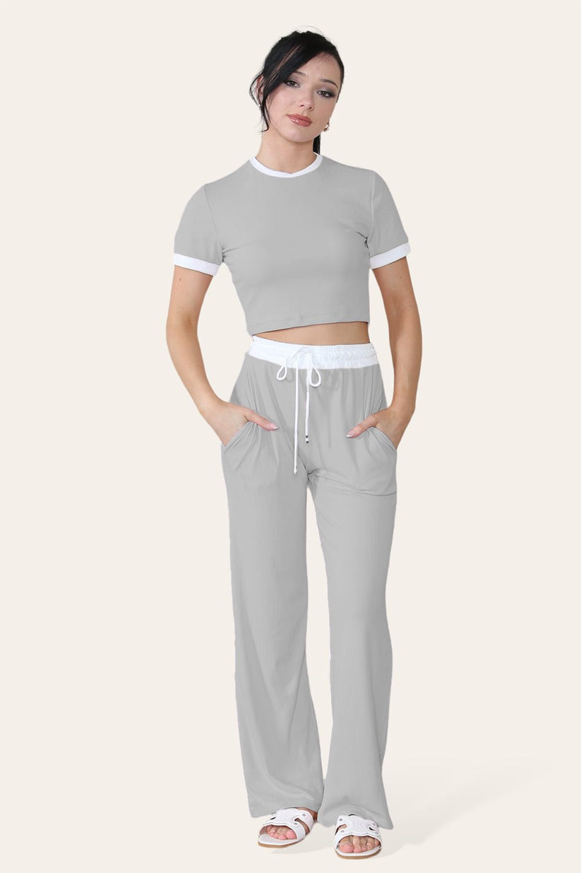 Ladies Ribbed Wide Leg Flared Trousers & Cropped Top Set - Contrast Loungewear