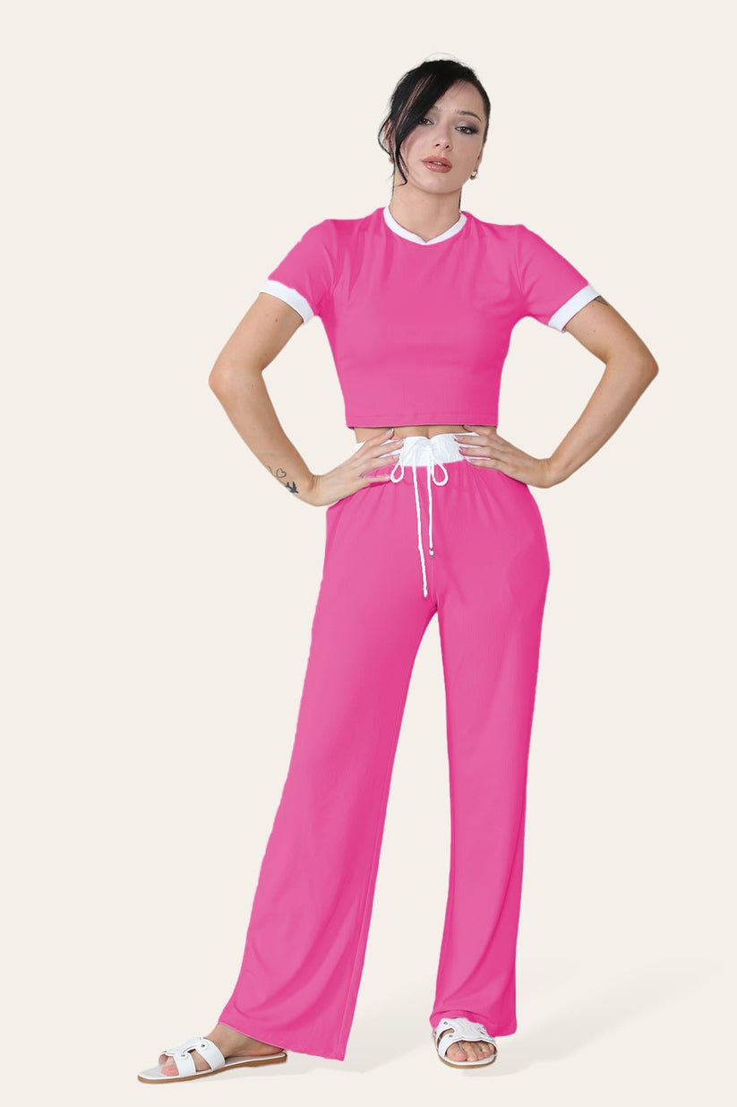 Ladies Ribbed Wide Leg Flared Trousers & Cropped Top Set - Contrast Loungewear