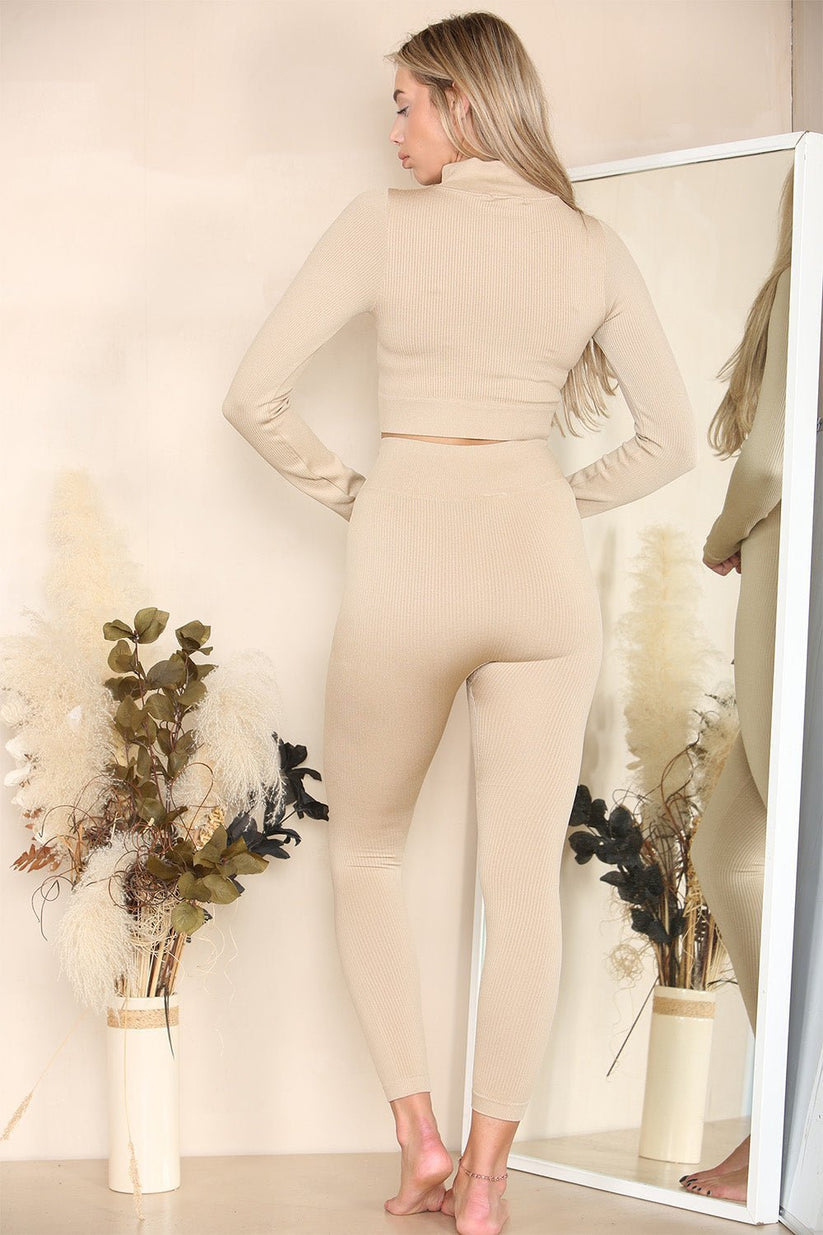 Ladies Ribbed Half Zip Tracksuit Set - Two Piece Gym Loungewear