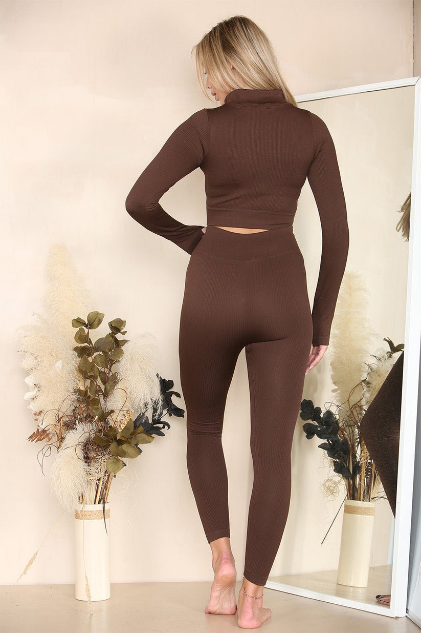 Ladies Ribbed Half Zip Tracksuit Set - Two Piece Gym Loungewear