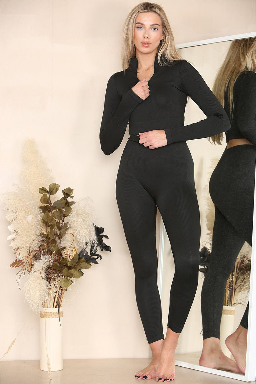 Ladies Ribbed Half Zip Tracksuit Set - Two Piece Gym Loungewear